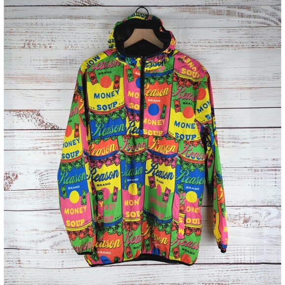 REASON Brand Anorak Jacket Men's L "Money Soup" AOP 1/4 Zip Lining Hood - Picture 1 of 10